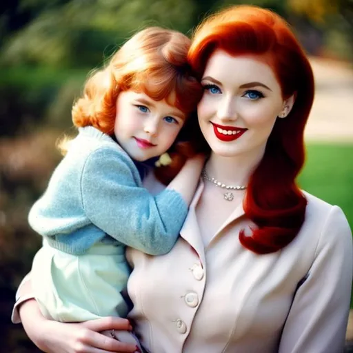 Prompt: Scottish girlwith red hair, and a one British mother in the 40 age ,brown hair,pale skin and blue eyes,1950s aesthetic