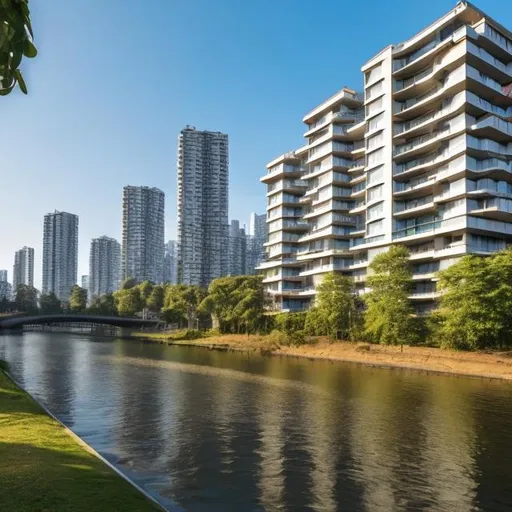 Prompt: Highrise apartment blocks along a scenic river bank