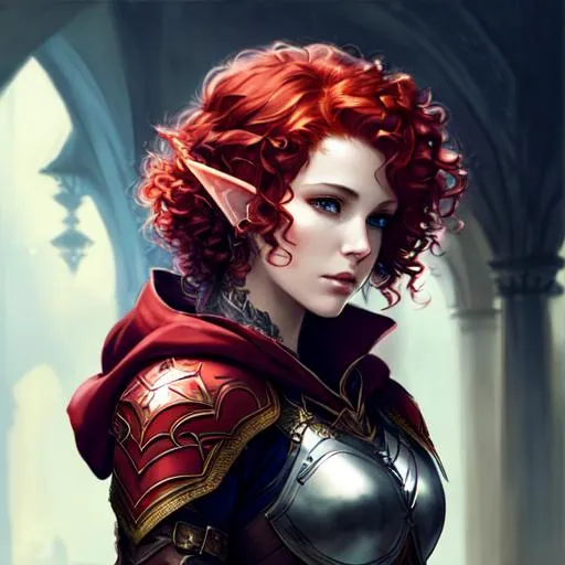 Prompt: armor, short red curly hair, caplet and hood, female elf, tattoo on cheek, scar of cheek, UHD, 8K, high fantasy, (((art by Agnes Cecile))), 