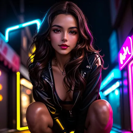 Prompt: Photo, portrait, very close up, 1girl, dark brown hair with light brown highlight, lipstick gloss, crouching in a narrow street, illuminated by neon lights at night, in front of a night club, looking directly at the camera, low-angle shot, heavenly beauty, 8k, 50mm, f/1. 4, high detail, sharp focus, perfect anatomy, highly detailed, detailed and high quality background, oil painting, digital painting, Trending on artstation, UHD, 128K, quality, Big Eyes, artgerm, highest quality stylized character concept masterpiece, award winning digital 3d, hyper-realistic, intricate, 128K, UHD, HDR, image of a gorgeous, beautiful, dirty, highly detailed face, hyper-realistic facial features, cinematic 3D volumetric, illustration by Marc Simonetti, Carne Griffiths, Conrad Roset, 3D anime girl, Full HD render + immense detail + dramatic lighting + well lit + fine | ultra - detailed realism, full body art, lighting, high - quality, engraved |
