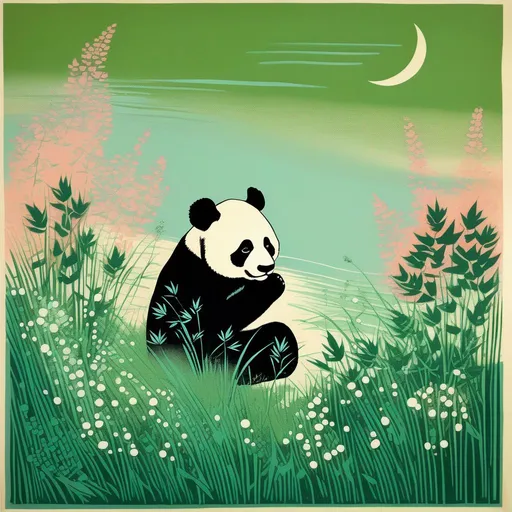 Prompt: A panda sitting in a field of weed farm and small green buds blowing through the wind, pastel colors , andy warhol , woodblock print by Hokusai