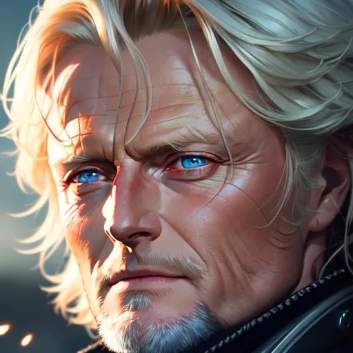 Prompt: Closeup face portrait of a {rutger hauer}, smooth soft skin, big dreamy eyes, beautiful intricate colored hair, symmetrical, anime wide eyes, soft lighting, detailed face, by makoto shinkai, stanley artgerm lau, wlop, rossdraws, concept art, digital painting, looking into camera