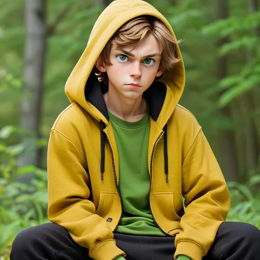 Prompt: Teenage boy. Has light brown hair and green eyes.
He wears a yellow shirt. He wears a black hoodie with a green hood. He also wears black knee-length cargo pants and black sneakers with white soles and laces.