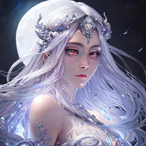 Prompt: Beautiful moon goddess covered in nightly glow with detailed silver features in the moon with illuminating moonshine, beams; by anna dittmann, floradriel, digital painting, extreme detail, 120k, ultra hd, hyper detailed, white, wlop, digital painting; crystal body, anime character, background digital painting, digital illustration, extreme detail, digital art, ultra hd, vintage photography, beautiful, aesthetic, style, hd photography, hyperrealism, extreme long shot, telephoto lens, motion blur, wide angle lens, sweet,