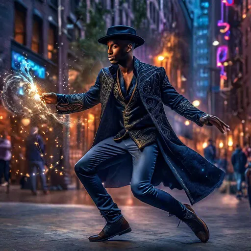 Prompt: Black Man magician in urban clothes casting a spell by dancing, hdr render, soft lighting , full body, digital painting, studio photo, intricate details, professional, highly detailed, 8k uhd, epic, stunning, in New York city, action shot, soft, voluminous 