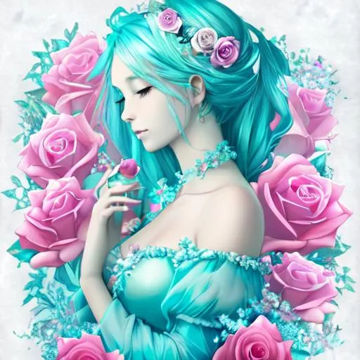 Prompt:   a fairy goddess, shades of  aqua blue and pink, roses