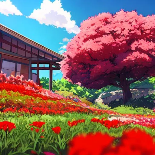 Prompt: Makoto shinkai anime style, vivid colours, HDR, a red flower with lump of dirt resting in two hands