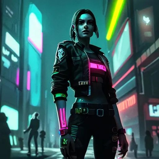 Prompt: cyberpunk women, tight clothes, jacket, realistic, dark, glowing wristband