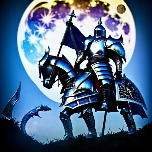 Prompt: tiny epic full knight, fighting dragon, intricate armor, detailed pauldrons, epic sword, 8k possible, portrait style, rounded image, possible logo, armor white and blue, shiny, midnight type background, full moon, scary face inside of moon, photo-realistic, 