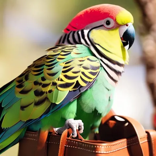 Prompt: A parakeet sitting on a tree holding a little brown satchel with seeds inside