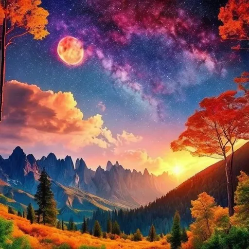 Prompt: beautiful landscape with big mountains, sunset, stars, colorful trees, high quality.