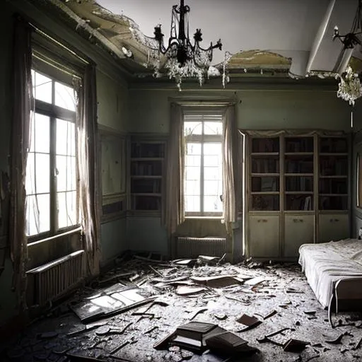 Prompt: RAW photography, analogue, abandoned villa interior, lobby, ruined bedroom, old dirty double bed, chandelier, broken roof, dirt, dust, mud, spiderwebs, old fireplace, broken shelves, books on floor 