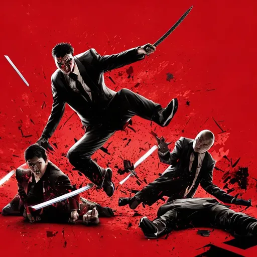 Prompt: a red background with a guy with a two-block cut Asian in a suit falling down and lying on the floor after being stabbed (the middle of the image) on the floor, with a sword in his back, him bleeding out. Make the guy in the middle of the image on the floor looking through the top with a ledge and an evil guy sitting on it looking over him. Make it look more realistic and simple for the album cover add a love element to it