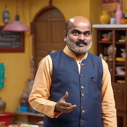 Prompt: A pot-bellied telugu man in his 40s with a shining bald head. Despite tech limitations, comically disrupts classes as a faux expert. Strongly religious, claims 'boss' title at home, yet wife and clever daughters rule the roost amusingly.
