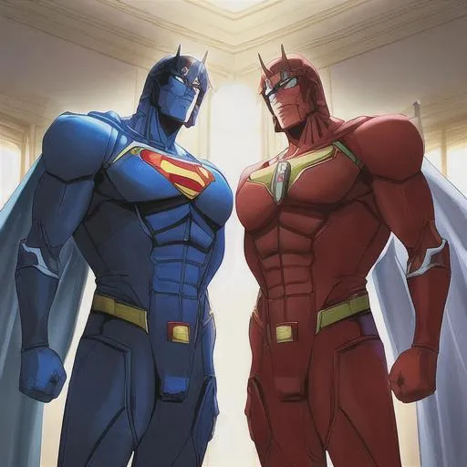 Prompt: Prime-Man is a powerful and noble character that combines the iconic traits of Superman and Optimus Prime. Their design reflects their role as a beacon of hope and a formidable defender of justice.

Prime-Man stands tall and muscular, embodying the strength and power of Superman. They have a regal presence, with a blue and red suit that bears resemblance to Superman's iconic costume. The suit is adorned with silver accents and a stylized "P" emblem, representing the merging of the two characters.

Prime-Man's face displays a strong jawline and piercing blue eyes that radiate warmth and determination. Their hair, jet black with silver streaks, symbolizes their wisdom and leadership.

Their armor is inspired by Optimus Prime, featuring a combination of blue and red plating with silver highlights. It is sleek and streamlined, providing both protection and mobility. Prime-Man wields a powerful energy sword that can emit a blue, radiant energy