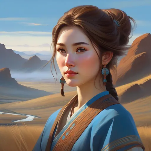 Prompt: Third person, gameplay, ancient Mongolian girl, pale skin, brown hair, brown eyes, steppe, fog, blue atmosphere, cartoony style, extremely detailed painting by Greg Rutkowski and by Henry Justice Ford and by Steve Henderson 