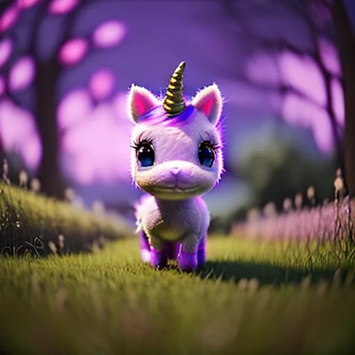 Prompt: Adorable, little, fuzzy, purple unicorn wanders in front of a pond Brightly lit ten Fireflies are lit up and surrounding the unicorn. The landscape behind is a calming scene of lush green, grassy hills and trees. It is dusk. long shot. fish-eye lens