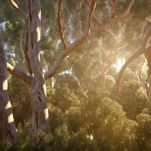 Prompt: 3d render, Soft lighting, eucalyptus spotted gum tree in summer, close up, background blurred forest.