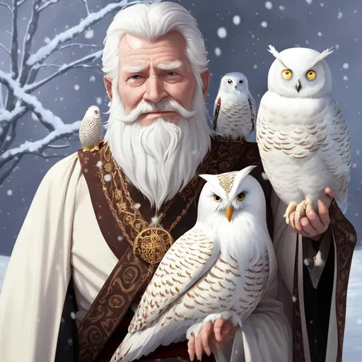 Prompt: a royal friendly old wise Benevolent king with a long white beard, holding his beautiful baby snow owl pet on his shoulder 