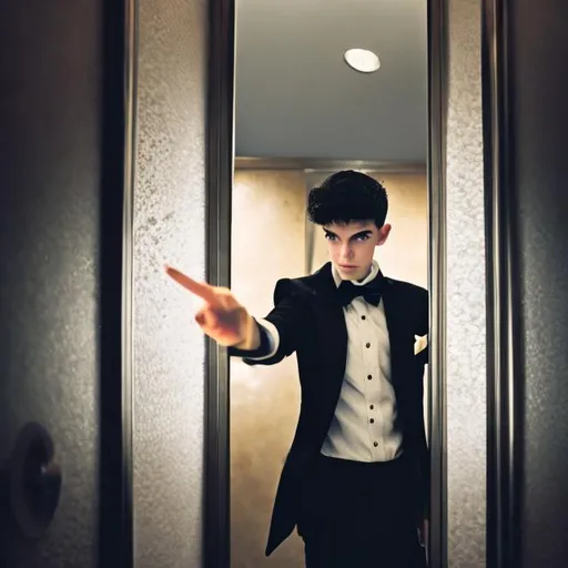 Prompt: View from inside a bathroom stall of a 16 year old Magician boy in a tuxedo leaning over the top of the bathroom stall waving and pointing his magic wand into the stall casting a magic spell into the stall