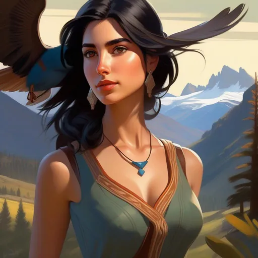 Prompt: Third person, gameplay, Argentinian girl, pale olive skin, black hair, brown eyes, Patagonian forests, Andes mountains in the background, cool atmosphere, cartoony style, extremely detailed painting by Greg Rutkowski and by Henry Justice Ford and by Steve Henderson 

