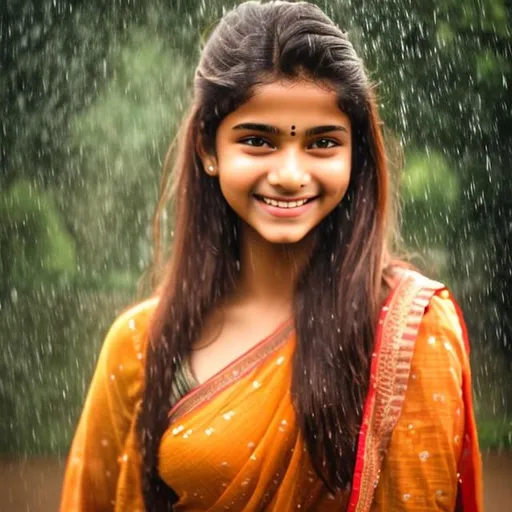 Prompt: Indian 16yo girl dancing in rain, joyful, looking in camera, perfect face, brownish hair, professional photography, beautiful face,