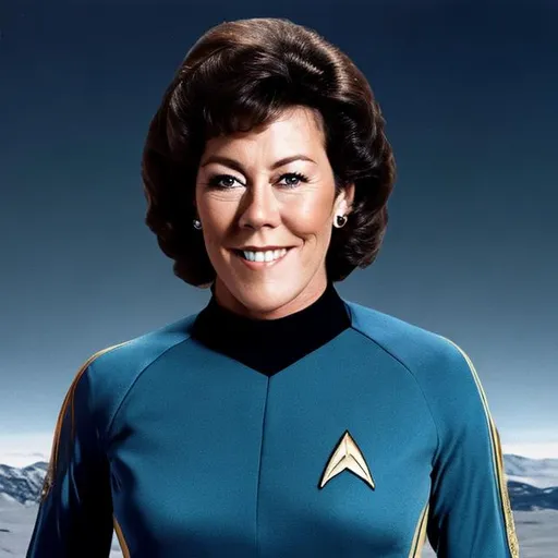 Prompt: A photograph of Lynda Bellingham, wearing a Starfleet uniform, with a Star Trek background, in the style of the "Star Trek: The Wrath of Kahn."