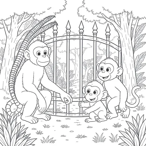 Prompt: monkey family escaping the zoo outline black and white colorable image
