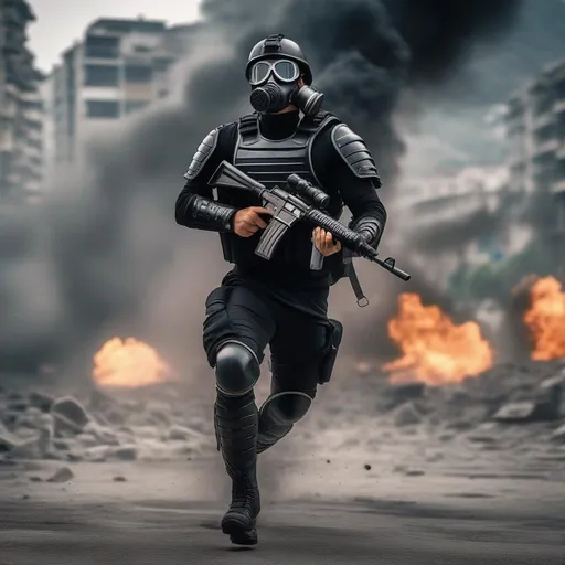 Prompt: a modern roman military male in black military roman armor, and gas mask, attacking Rio de Janeiro, Brazil, sharp focus, Professional, UHD, HDR, 8K, Render, electronic, dramatic, vivid, pressure, stress, traumatic, dark.