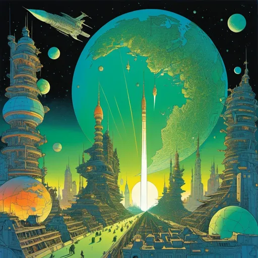 Prompt: Illustration in style of Moebius, Jean Giraud, a verdant planet with multiple city lights being subjected to bombardment from huge starships