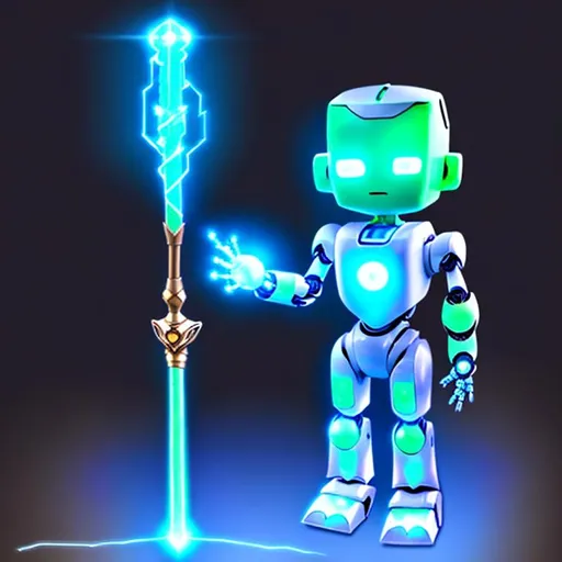 Prompt: A child-sized humanoid companion robot with a luminous scepter 3 times his size in his hand, high-tech accessories and gadgets