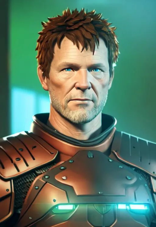 Prompt: Digital Art, 48-year-old viking man, brown hair, short hair, short trimmed beard, small trimmed mustache, brown eyes, burnt orange gear, bright orange armor, unreal engine 8k octane, 3d lighting, full body, full armor