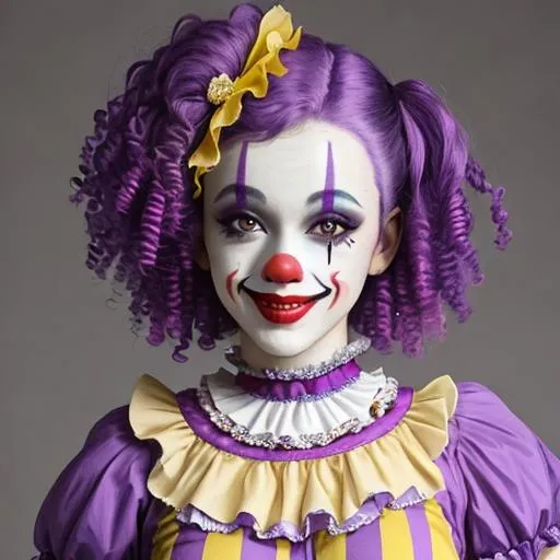 Prompt: A pretty female clown wearing purple and yellow, short , curly purple hair