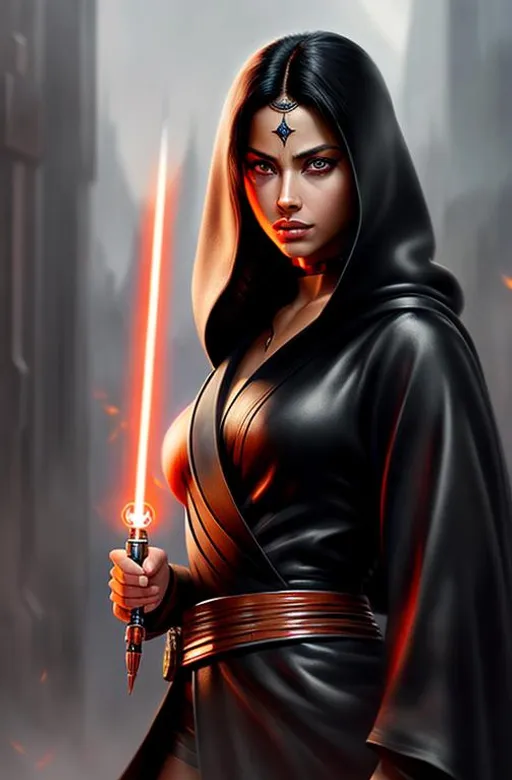 Prompt: determined, fierce, hero, dramatic, cinematic lighting, black hair, ((red eyes)), ethereal, highly detailed, digital painting, Trending on artstation , HD quality, tan skin, Big Eyes, artgerm, masterpiece, beautiful face, Tattoos, Jedi, Doutzen Kroes, robes