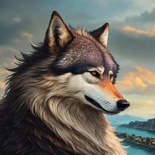 Prompt: (masterpiece, charcoal, artstation, best quality:1.5), insanely beautiful wolf with (billowing black coat), Casanova, white chin, bushy mane, on a cliffside, overlooking abandoned village, overlooking river, beautifully detailed eyes, silver fur highlights, finely detailed, highly detailed face, vivid burnt sienna eyes, beautifully defined detailed legs, beautifully detailed deep shading, dynamic, depth, highly Detailed body, highly detailed pastel pink clouds, full body focus, beautifully detailed sky, cinematic, bold, energetic, youthful, 64K, UHD, unreal engine, high octane render, professional, Yuino Chiri