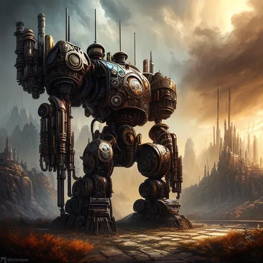 Prompt: Fantasy art style, painting, metal, chrome, Evil, redwood tree, biological mechanical, dystopian, war machine, pipes, robot, cityscape 