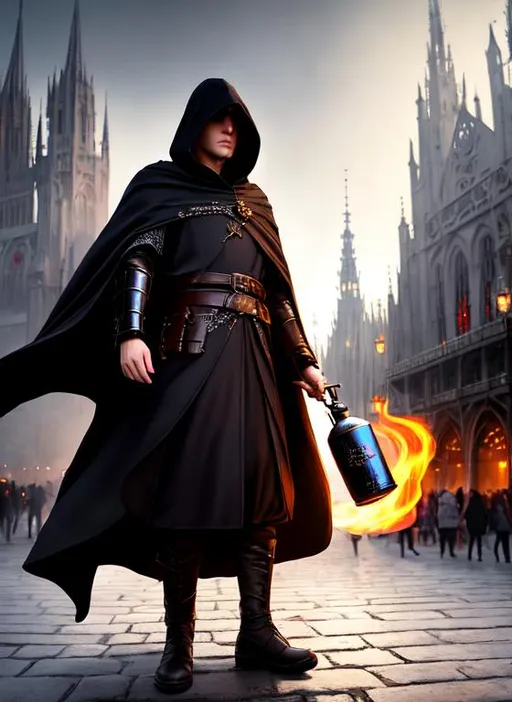 Prompt: Hooded man in a cloak holding poison, epic, dark fantasy, pose, 8k, HD, fur armor, full body, vibrant, high detail, cinematic, aesthetic, ethereal, smokey background, night, dark, crowded medieval city, city, shadows, market place, high quality, gritty, perfect face, high quality face, people, ethereal, market plaza,