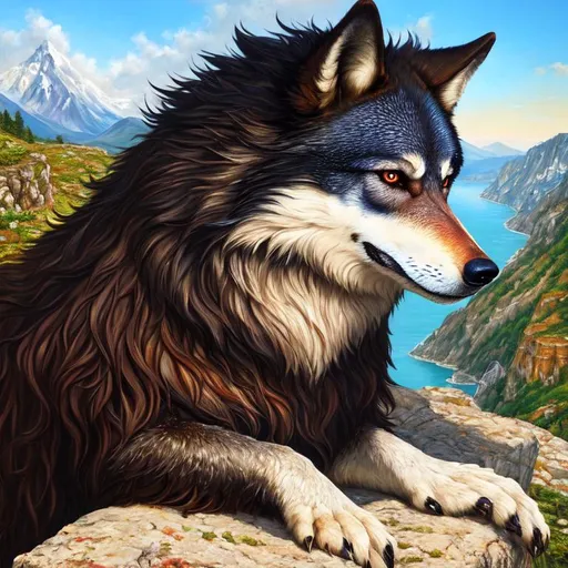 Prompt: (masterpiece, oil painting, artstation, best quality:1.5), insanely beautiful wolf with (billowing black coat), Casanova, white chin, bushy mane, growling, on a cliffside, overlooking abandoned village, overlooking river, beautifully detailed eyes, silver fur highlights, finely detailed, highly detailed face, vivid burnt sienna eyes, beautifully defined detailed legs, beautifully detailed deep shading, dynamic, depth, highly Detailed body, highly detailed pastel pink clouds, full body focus, beautifully detailed sky, cinematic, bold, energetic, youthful, 64K, UHD, unreal engine, high octane render, professional, Yuino Chiri