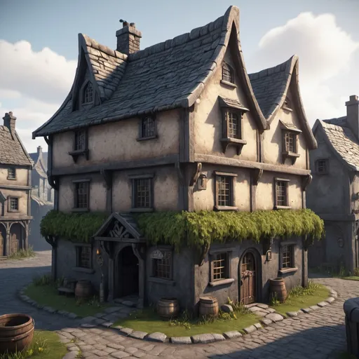 Prompt: small medivial irish house, entire structure, slums, immersive world-building, high quality, detailed, epic scale, fantasy, game style, early morning