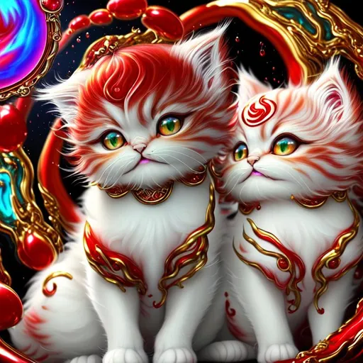 Prompt: cotton surreal puffy liquid red gold silver jade (Beautiful {Fluffy!!! Persian}kitten plasma), hyper realistic,  expansive psychedelic background, hyper realistic, 8K --s99500