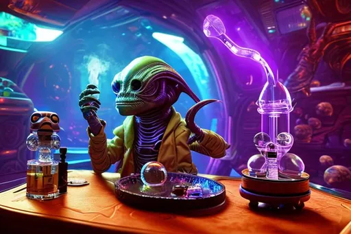 Prompt: widescreen, overhead lighting, alien smoking a crystal bong,  fancy table , in an exotic space cantina