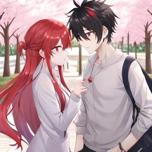 Prompt: Zerif 1male (Red side-swept hair covering his right eye) taking Haley out on a date at the park, under the sakura trees
