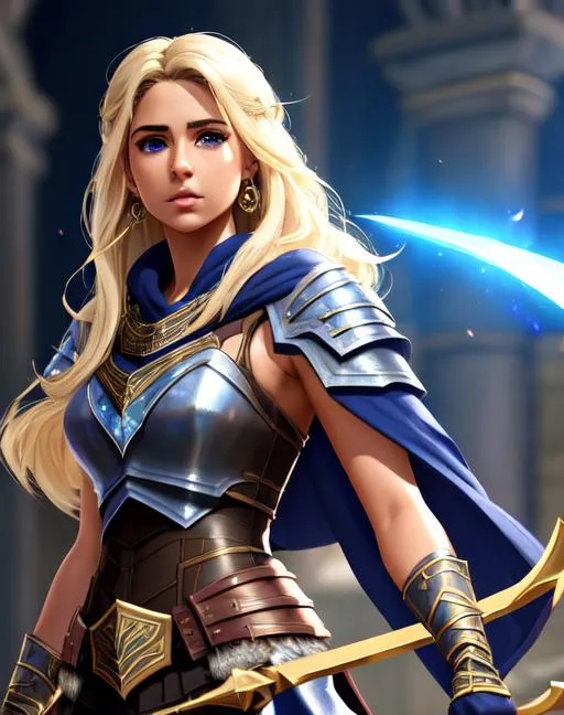 Prompt: Naomi Scott, 26 years old archer wearing armadyl armor from RuneScape, determined, fierce, hero, cloak, dramatic, cinematic lighting, sleeveless, blonde hair, blue eyes, ethereal, jewelry set balayage, royal vibe, highly detailed, digital painting, Trending on artstation , HD quality, tan skin, Big Eyes, artgerm, by Ilya Kuvshinov, wlop, crystal bow