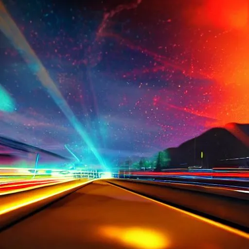 Prompt: long shot, fast car on a highway, night time, flame trail, ethereal atmosphere, highly detailed, neon lighting, 3d render, dangerous, studio lighting, 18 mm, 4k