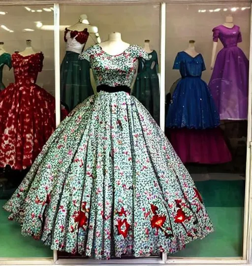 Prompt: photo of a traditional 1950's high school prom dress,  store window display 