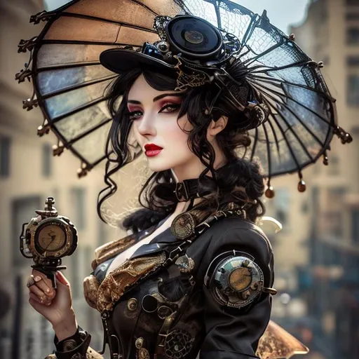 Prompt: Hyper-realistic, 8k eyes, Beautiful steampunk lady dressed in black with parasol and steampunk hat