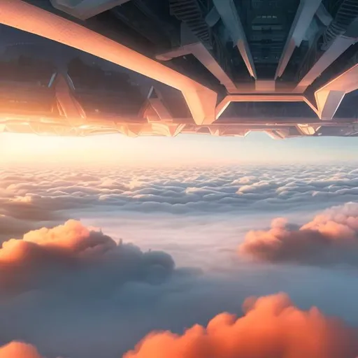 Prompt: a city suspended in the clouds with bridges connecting futuristic buildings to each other, the backdrop of white clouds and orange sunset sky
