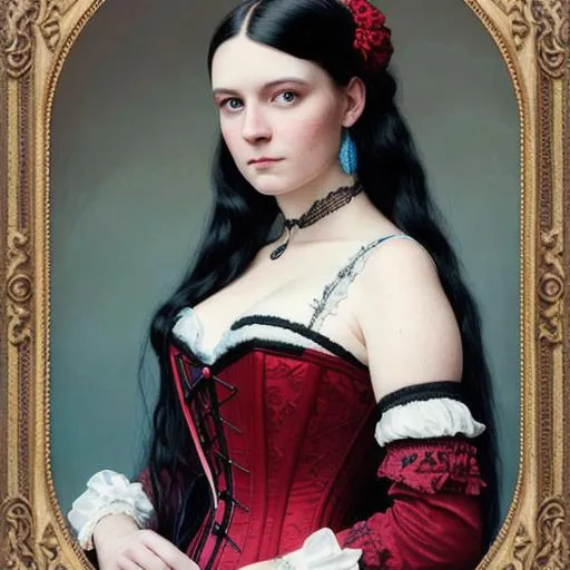 Prompt: portrait of a beautiful Victorian woman with long black hair and light blue eyes wearing a red corset