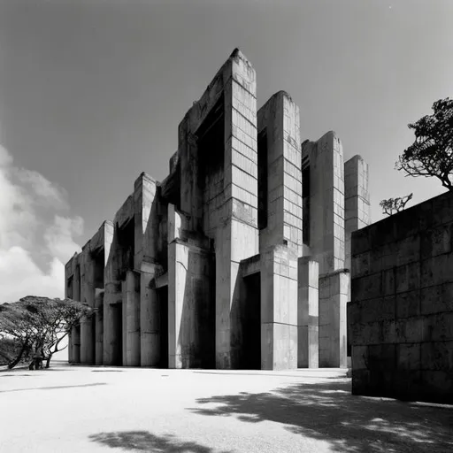 Prompt: a large cathedral on a flouting island, brutalist architecture