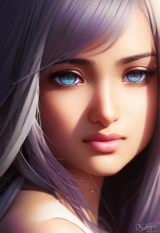 Prompt: Closeup face portrait of a 16 year old Indian female, smooth soft skin, big dreamy eyes, beautiful intricate colored hair, symmetrical, anime wide eyes, soft lighting, detailed face, by makoto shinkai, stanley artgerm lau, wlop, rossdraws, concept art, digital painting, looking into camera